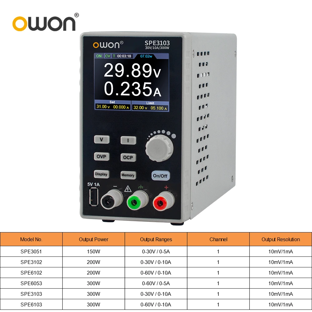 

OWON SPE Programmable DC Power Supply 300W 60V/10A 60V/5A 2.8" LCD 10mV/1mA Resolution Digital Voltage Regulator Switch SPE3051