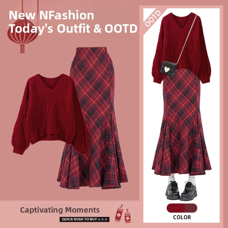 

Red V-ne Knitted Sweater And Fi-tail Skirt Two-piece Set Women's Faion Spring 2025 Early Spring New Arrival