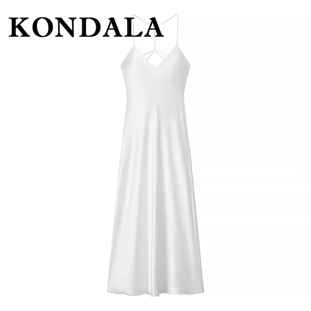 ชุดเดรสยาวทรงเข้ารูปสีขาวจีบระบายสไตล์ชิคสำหรับผู้หญิง แบรนด์ KONDALA เหมาะสำหรับใส่ไปเที่ยวทะเล โชว์หลังเปลือย สายเดี่ยว แฟชั่นฤดูร้อนปี 2025 ดีไซน์หรูหรา