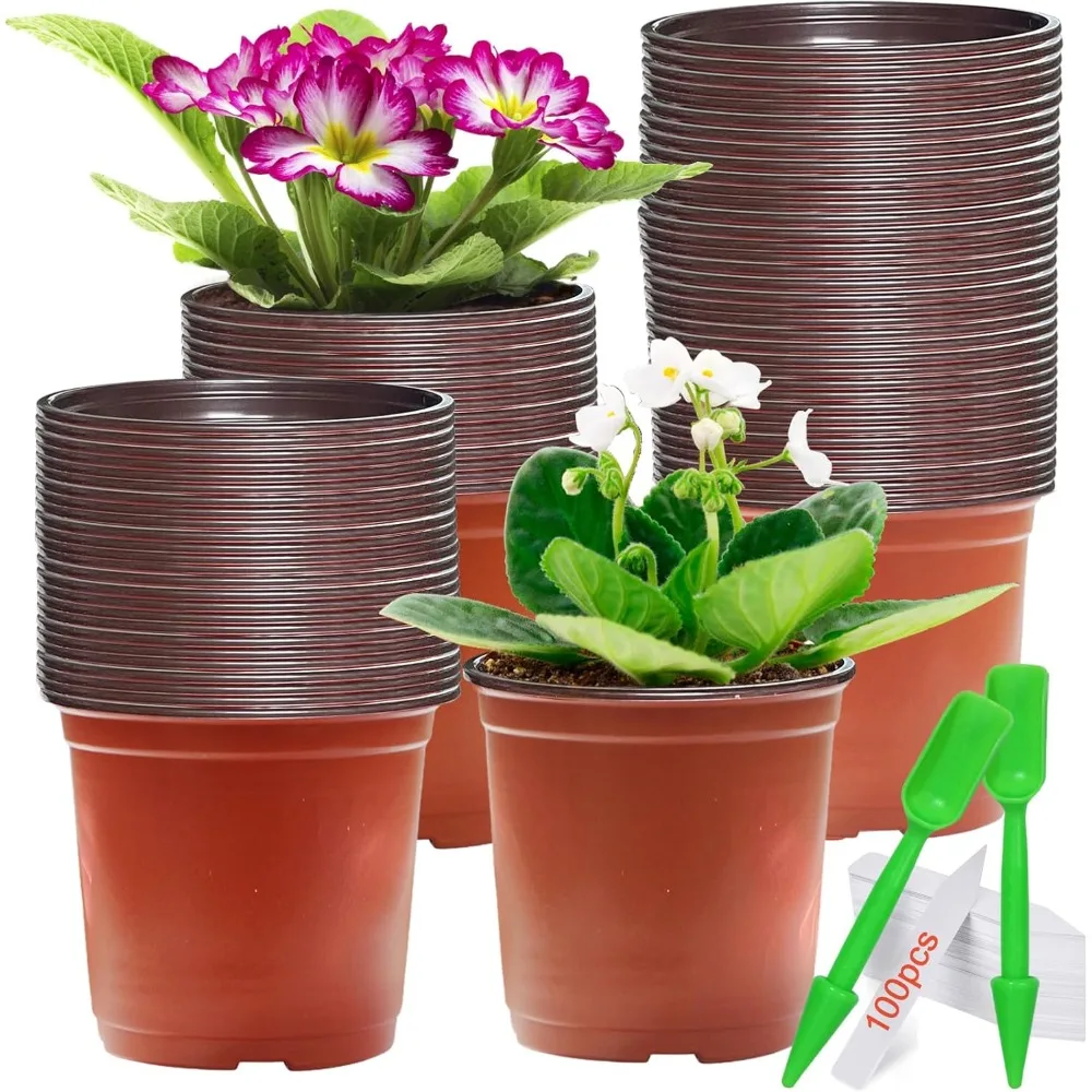 

Nursery Pots, 100 Pcs 4.7 Inch Plastic Plant Pots, Lightweight Seedling Starter with Drain Holes, Gardening Planters for Indoor