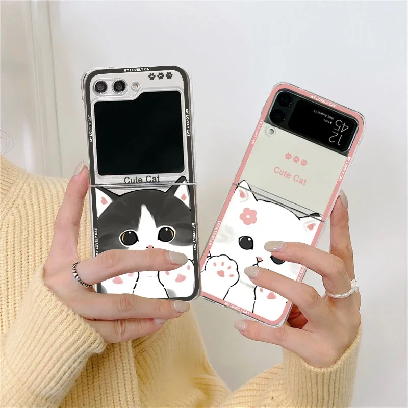 Cute Cartoon Cat Phone Cases for Samsung Galaxy Z Flip 5 ZFlip 6 Clear Cover for Samsung ZFlip 4 3 Hard Shockproof Shell Fundas