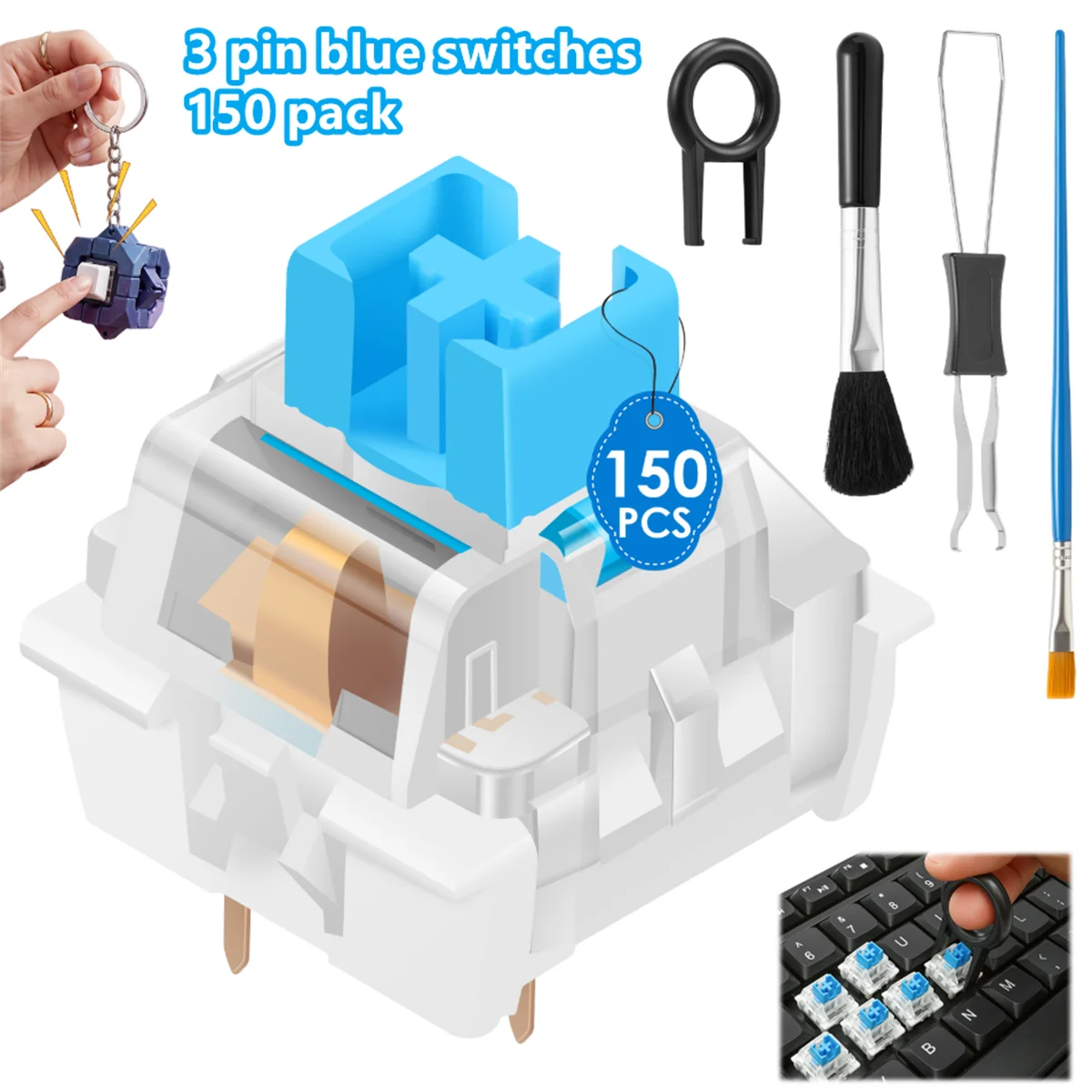 150Pcs 3 Pin Blue Clicky Mechanical Keyboard Switches Dustproof Tactile Switch Set with Keycap Switch Puller Cleaning Brush