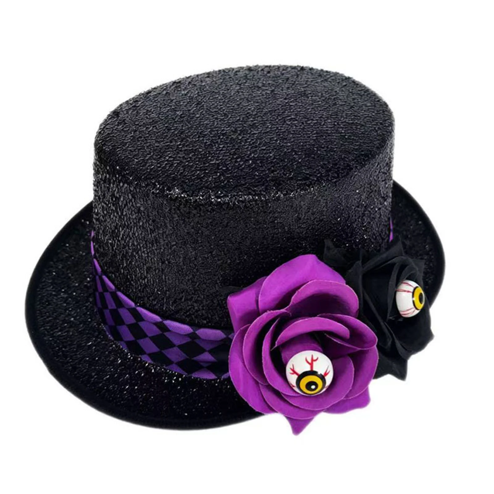 Gothic Tall Top Hat 3D Flower Decor Checkerboard Ribbon Spooky Clown Hat Costume Accessory for Adults Halloween Masquerade 4