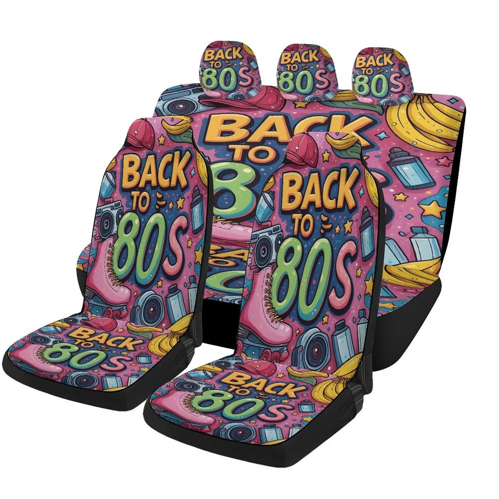 Back To 80s Retro Car Seat Cover Set - Vibrant 80s Pop Culture Design With 