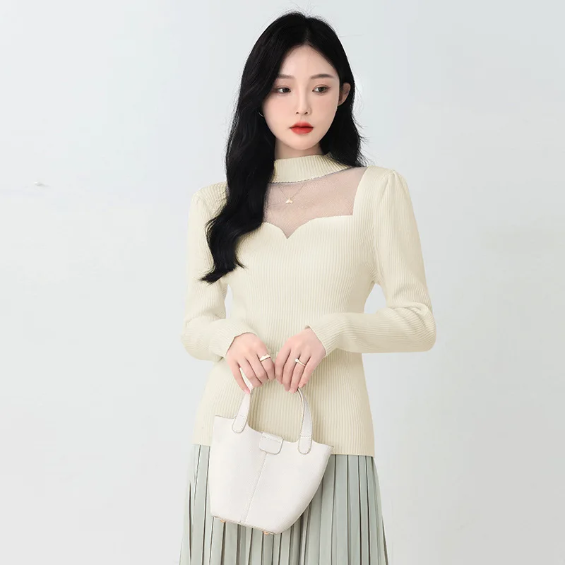 

Small Sexy Thick Style Half Turtleneck Sweater Women's Autumn and Winter Women's Undergarments Fashion Mesh Stitching Pullovers