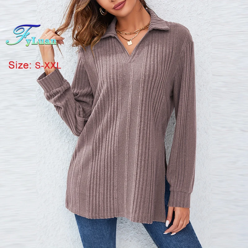 

2025 Autumn Winter New Style Loose Women Long Sleeve T-Shirt Turn Down Collar Solid Color Fashion Comfortable Side Slit Lady Top
