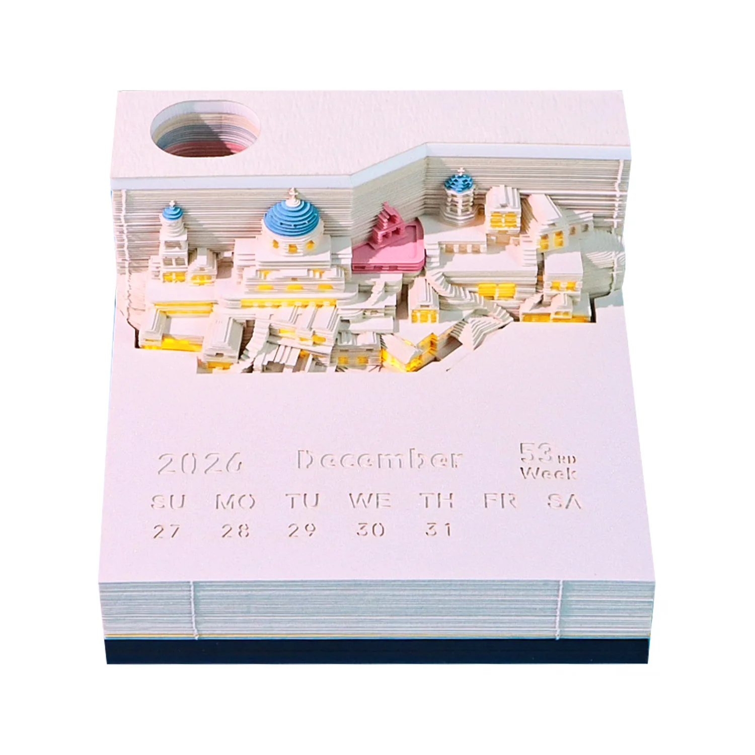 2026 Lighted Aegean Santorini Style - 3D Paper Art Calendar Notebook DIY Creative Gift for Home Office Desktop Decor & Souvenir
