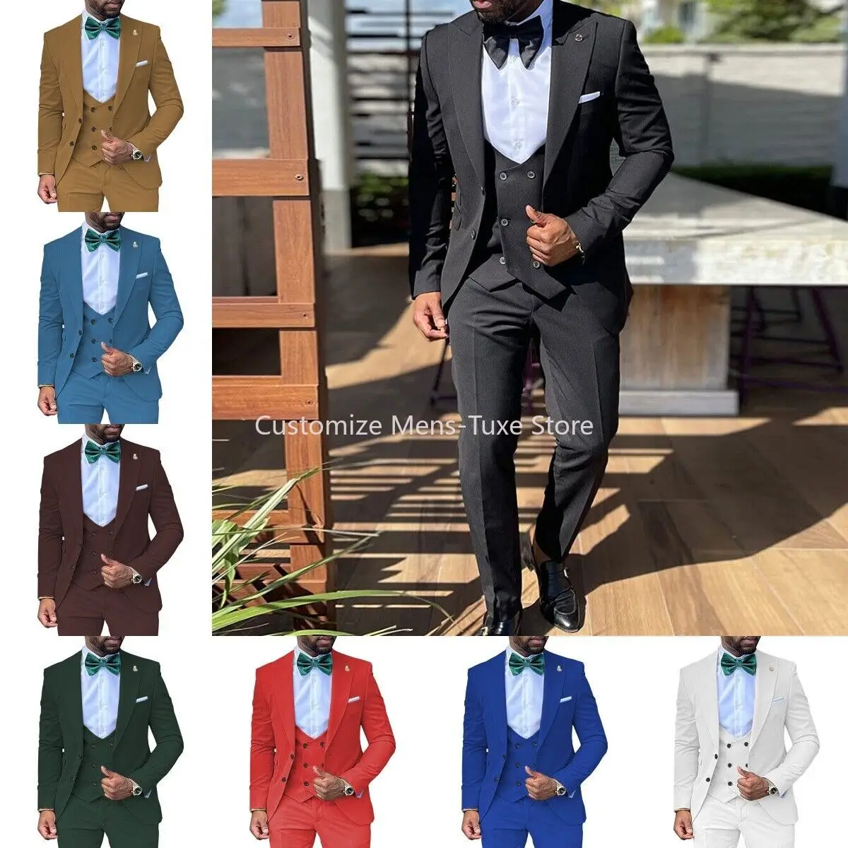 2024  Men's 3 Pcs Mens Suit Groom Bestman Tuxedo Suit Double Breasted Blazer+Vest+Pant