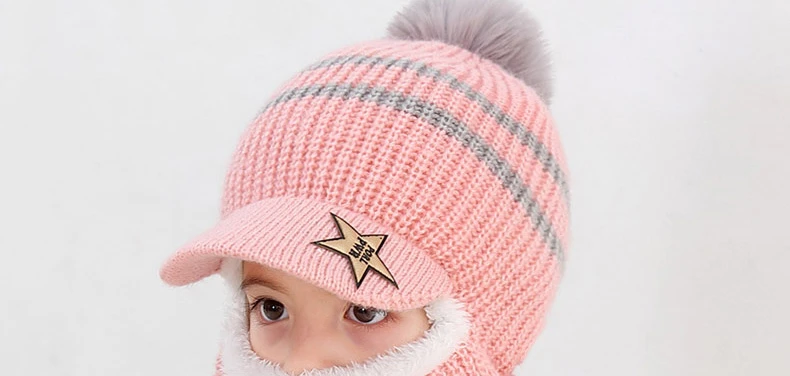 Winter Baby Kinder Nette Gestrickte Plüsch Schal Hut Zwei-stück Doppel Fleece Wärme Jungen Mädchen Weiche Outdoor Winddicht Hut kinder Hut – Detail 1