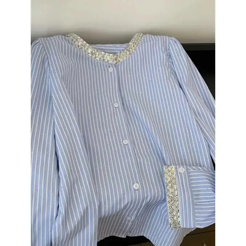 

Новая модная рубашка-кардиган унисекс в американском стиле, блестящая синяя, с круглым вырезом, весна-осень, приталенная, премиум-класса