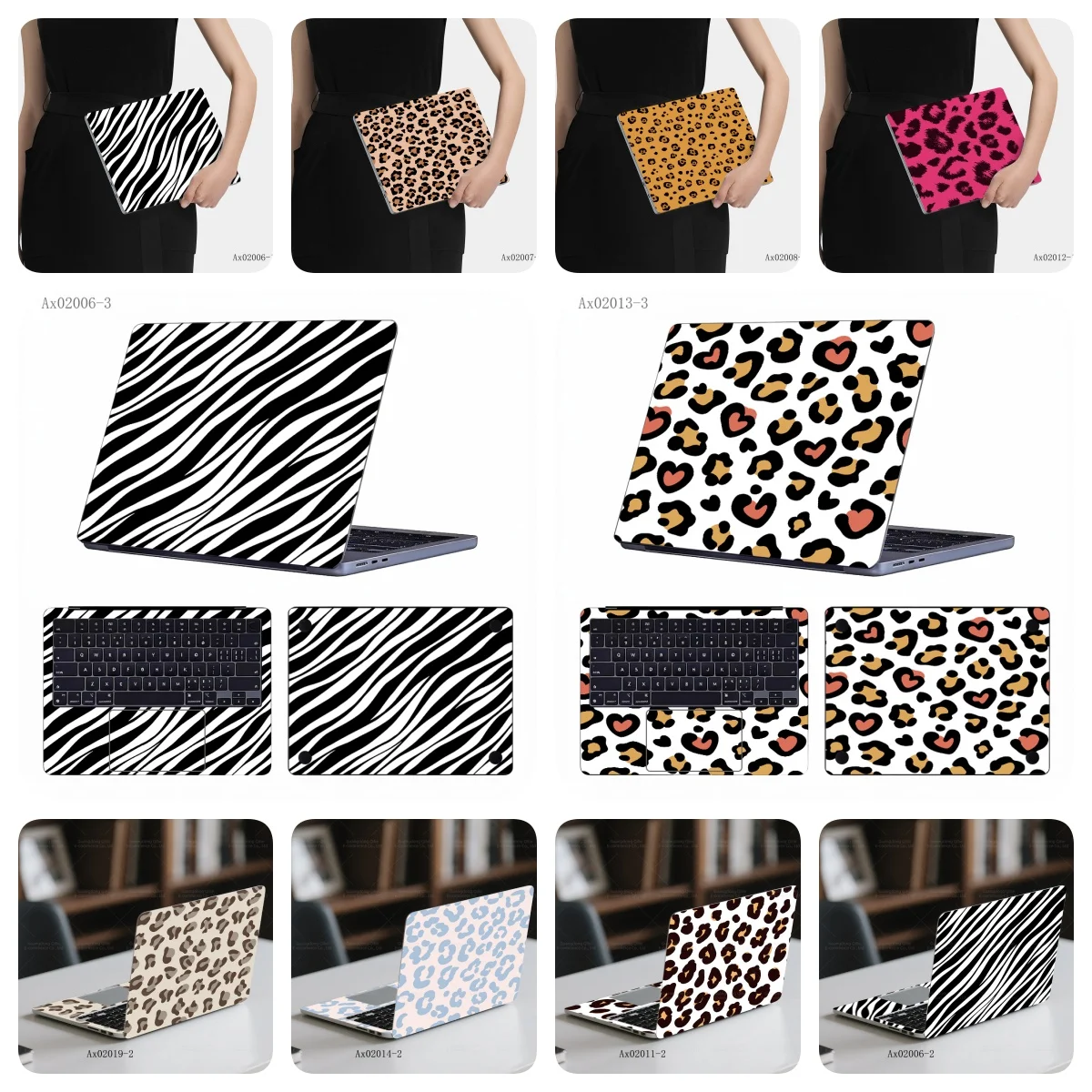 2PCS Leopard & Zebra Print Laptop Skins Cut-to-Fit Waterproof Vinyl Stickers for Laptops Keyboard Animal Pattern MacBook Decals