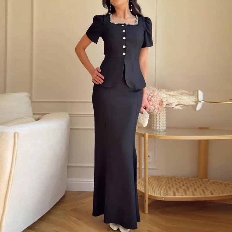 Ladies Square Neck Short Sleeved Top & Long Skirt Elegant Set Office High Waist Slim New Party Suit Fashion Solid Formal Outfit