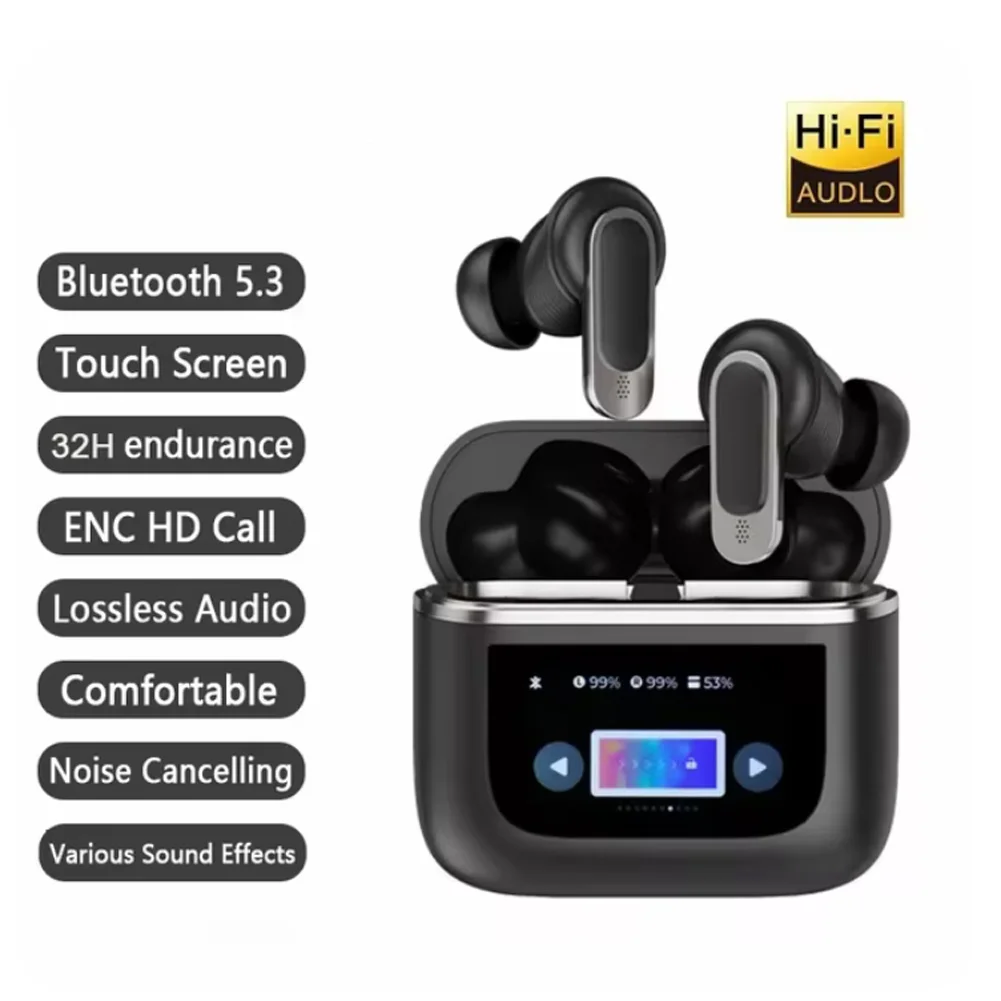 Wireless Smart Earbuds With LCD Touchable Screen Active Noise Cancelling Earplugs HiFi Stereo Music Headset For Smartphones