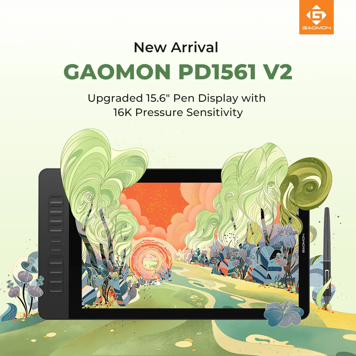GAOMON Graphics Tablet PD1561 V2 Pen Display 15.6 Inch Screen Advanced G Pen 16384 Level Pressure Stylus Support Android Phone