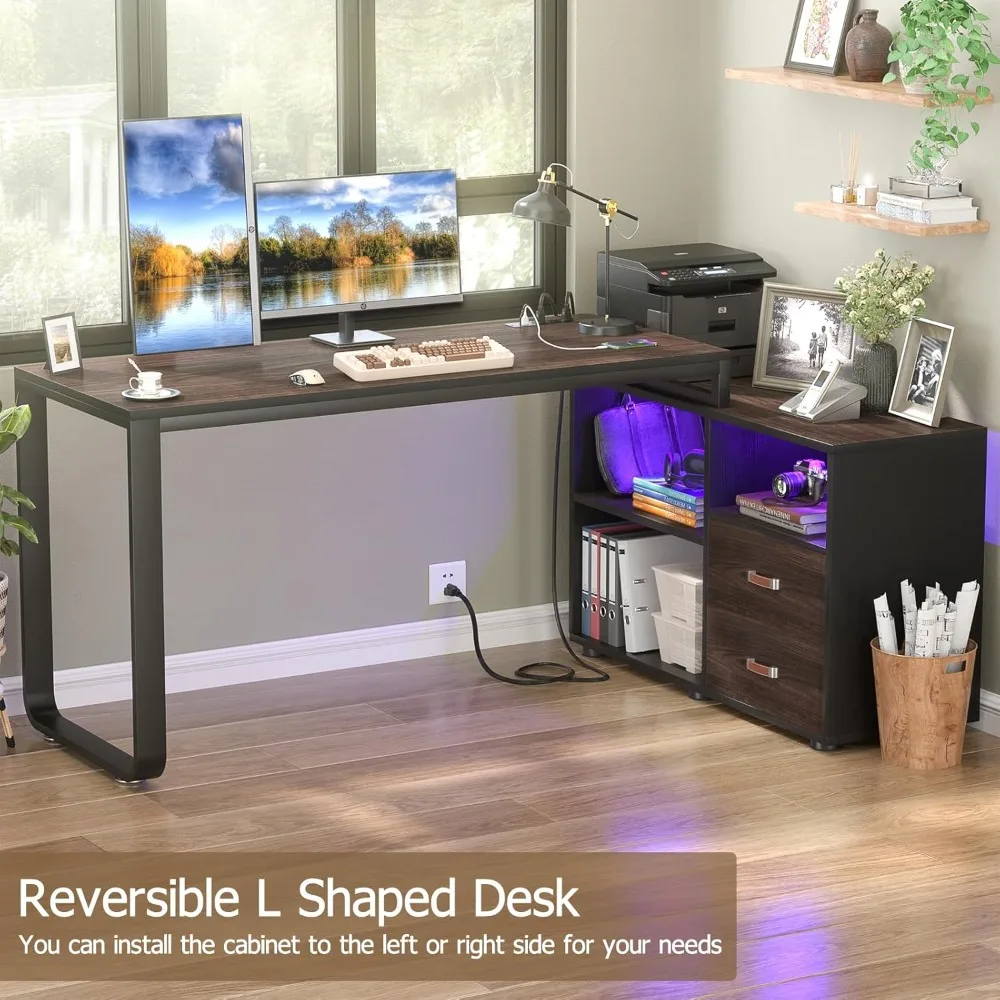 L Shaped Desk with File Cabinet & Power Outlet, Reversible 55 Inch Large Corner Computer Desks with LED Strip, L-Shaped