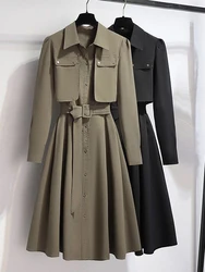 Women Spring Autumn High End Long Sleeve Dress With Belt Slimming Fit Waist Design Casual Single Breasted Mid Length Dresses