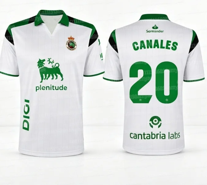 2026-27 Racing Santander Fußballtrikot Herren Kurzarm Weiß Grün Schwarz Kontrast-Schulter Fußball-Fan-Shirt Familien-Set – Detail 6