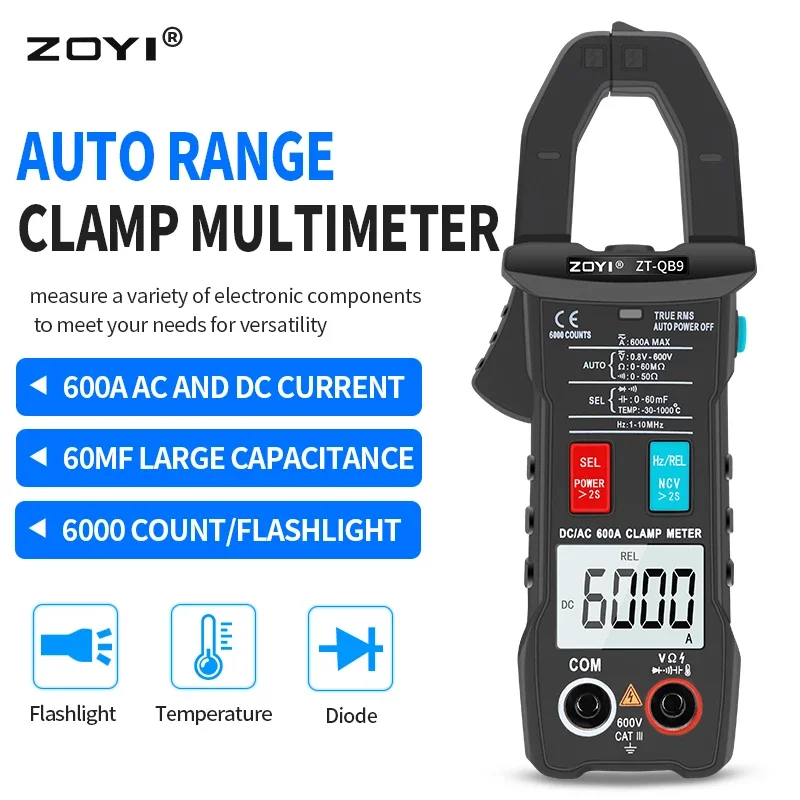 ZOYI Digitales Zangenmessgerät, 6000 Zählungen, True RMS 100 A, 1 mA, AC/DC-Amperemeter, Multimeter, Autostrom, Voltmeter, Kapazität, Temperatur, Hz-Tester