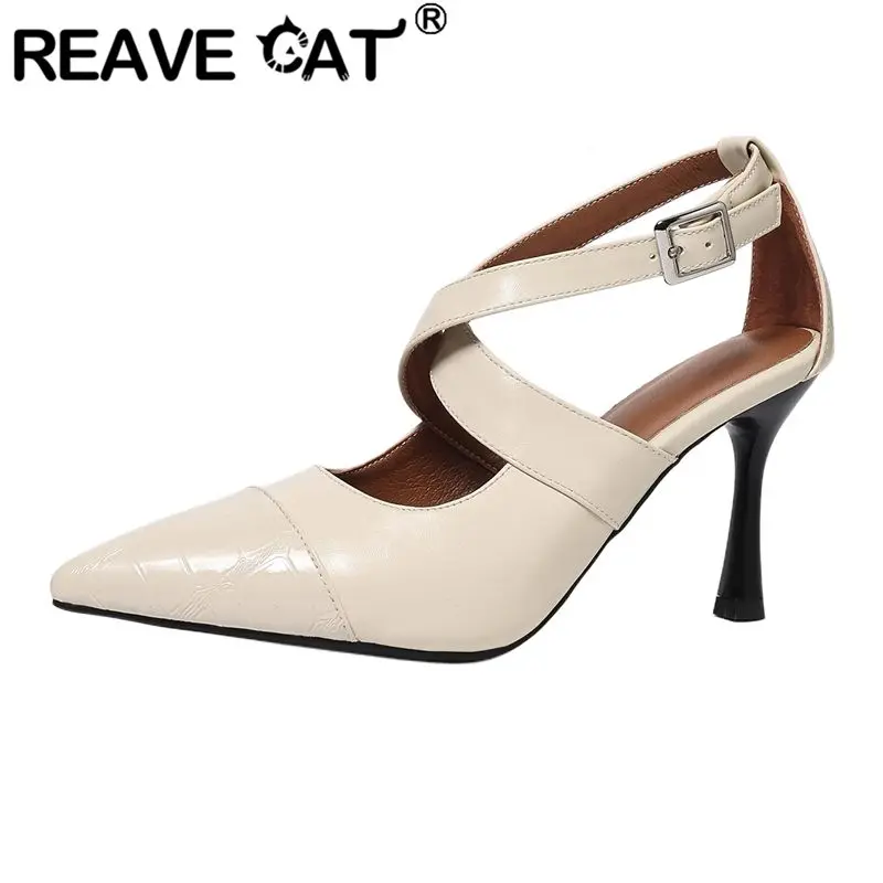 

Сексуальные женские бежевые босоножки REAVE CAT с острым носком, на тонком высоком каблуке 8 см, с ремешком на пряжке, большие размеры 42, 43, 44, 45, для банкетов и свиданий