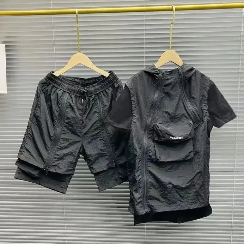Summer Men's Two Piece Set Casual T-Shirt and Shorts Set Printed Zipper Hooded Loose Japanese Handsome Thin Light Sports Suit