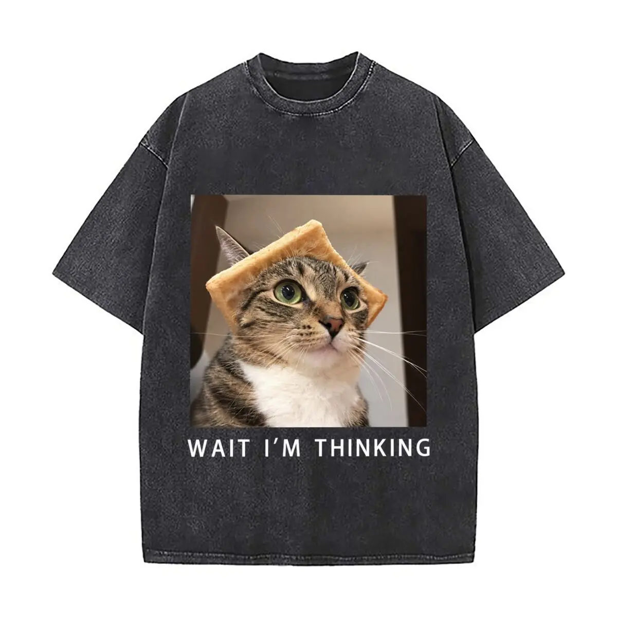 Wait Im Thinking Funny Cat Toast Head Vintage Distressed Loose Streetwear Tops for Campus Days