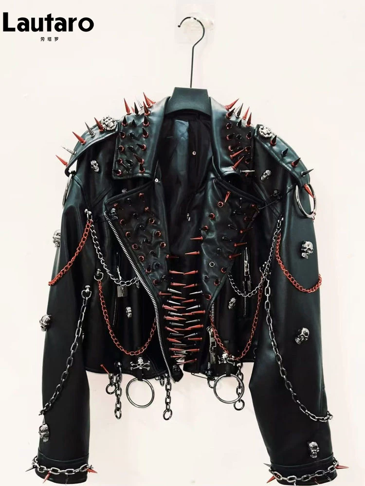 Lautaro Autumn Cool Handsome Short Studded Pu Leather Motorcycle Jacket Women Hip-hop Rock Punk Style Clothes Streetwear 2026