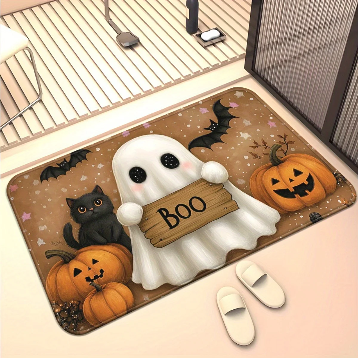 Vintage Skeleton Welcome Doormat Halloween Skull Hand Banner Print Non Slip Water Absorbent Indoor Outdoor Entry Floor Rug