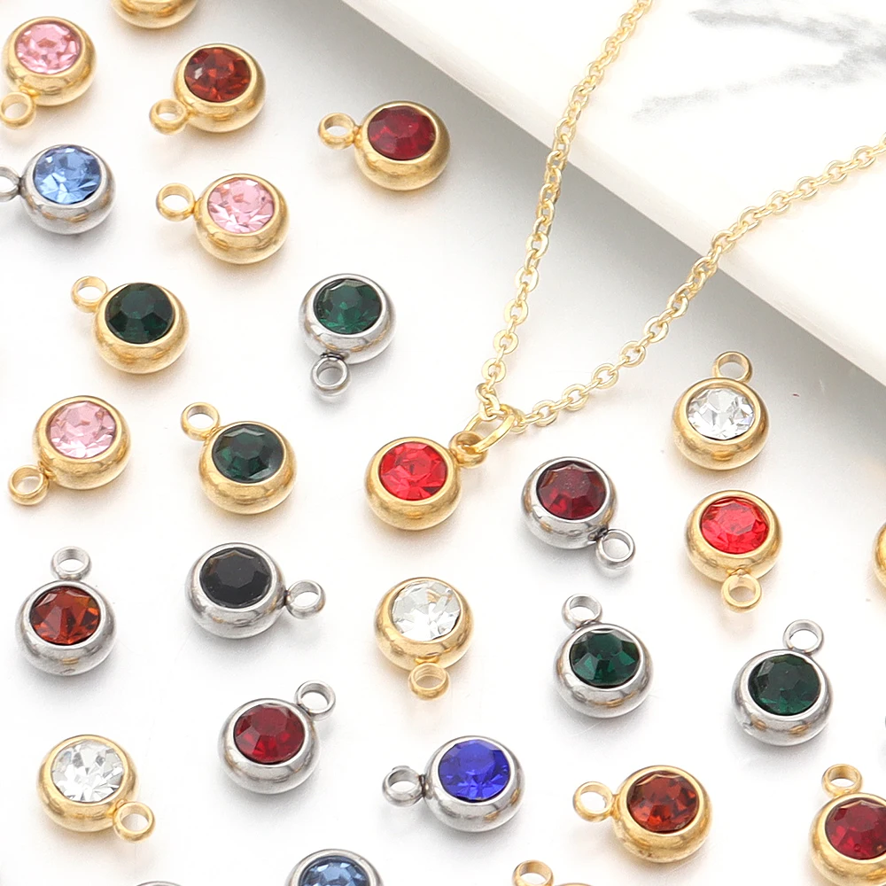 10Pcs 6mm Stainless Steel Birthstone Necklace Pendant Jewelry Making Rhinestone Charms For Women Earrings DIY Accessories Gifts