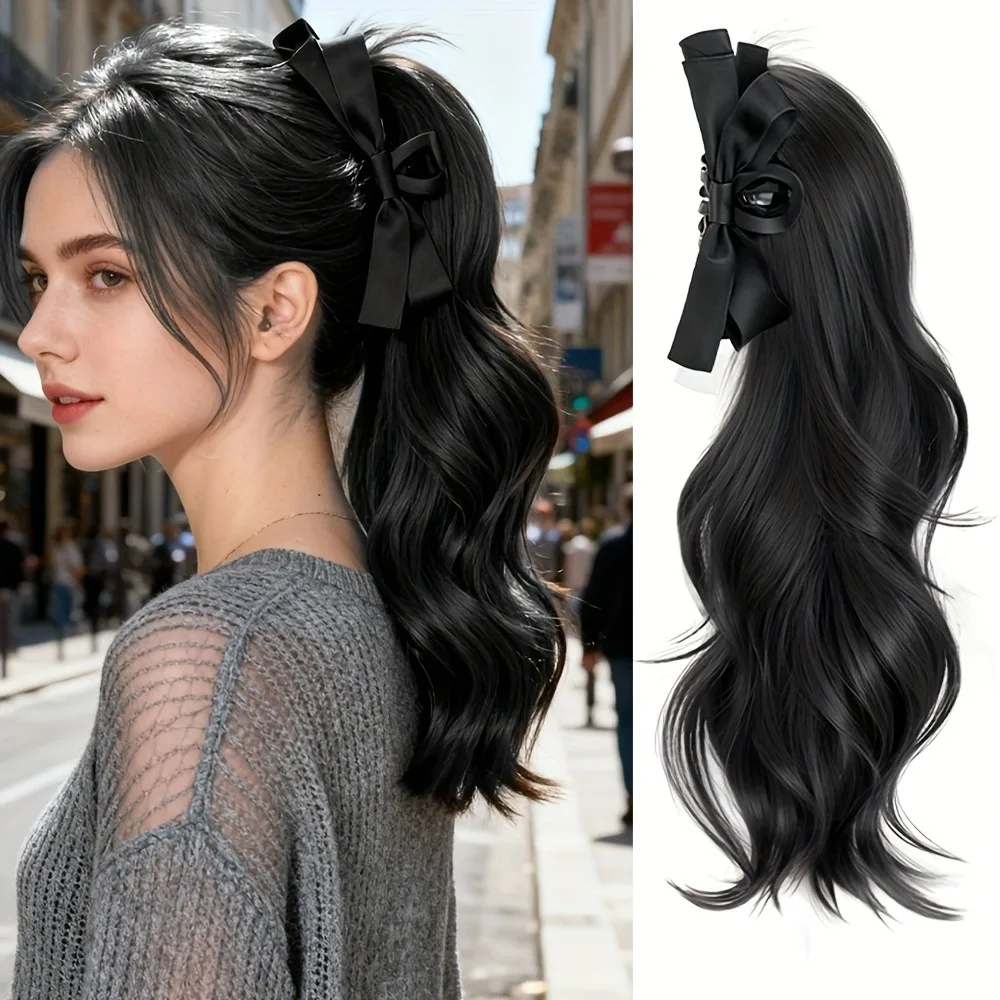 

14Inch Loose Wave Synthetic Ponytail With Bownot Claw Clips Layered Fluffy Curly High Ponytail Hairpiece for Women Daily Use