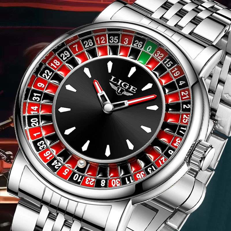 LIGE New Arabic Numerals Rotating Dial Roulette Quartz Watches for Men Round Stainless Steel Waterproof Luminous Man Wristwatch