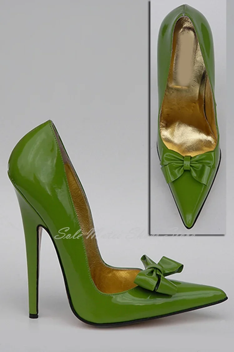 

Emerald Green Patent Leather Bow Women's Pumps Sexy Pointed Stiletto Heel Slip On Dress Shoes Wedding Large Size Custom Color