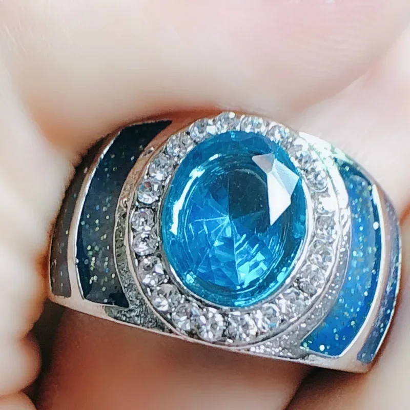 Luxury Sterling Silver Color Oval Ring 1ct 5A Zircon Blue Stone Cz Engagement Wedding Band Plata Filled Ring for Women Jewelry