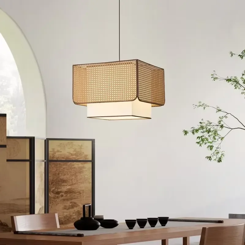 Rattan chandelier woven chandelier ceiling lamp fixture natural rattan lampshade suitable for dining room bedroom living room