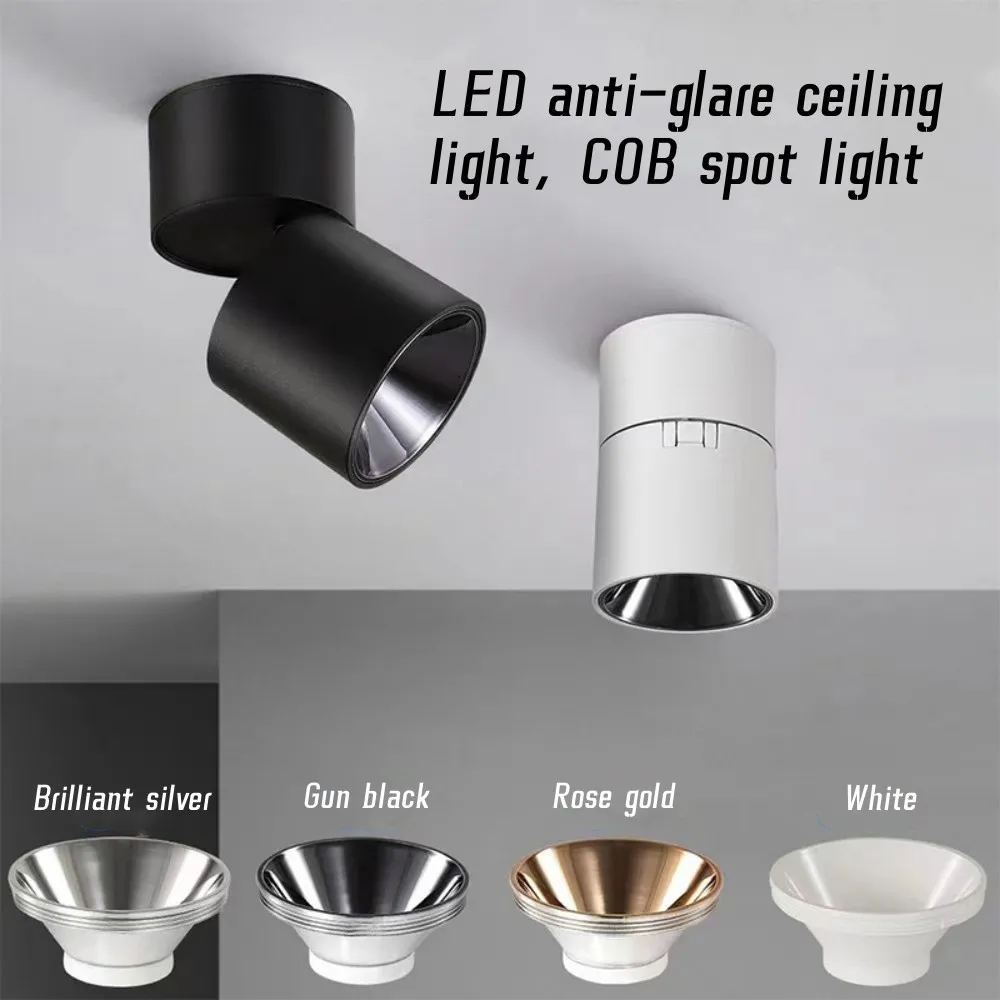 Lâmpada de teto LED COB, Holofotes Anti-Refletor, Regulável, 5W, 7W, 12W, 15W, Dobrável 90 °, Rotação de 360 °, Lâmpada para Casa e Negócios