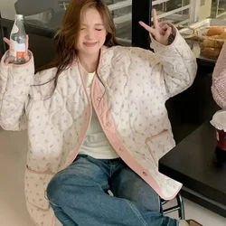 Two-sided Wear Cotton Jacket Korean Sweet Pink Floral Checkered Coat Women Autumn Winter Loose Casual Single Breasted Tops