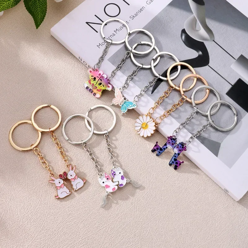 Lovecryst 2Pcs/set Cartoon Alloy Cat Rabbit Magnetic Stitching Best Friend Key Chain for Girls BFF Friendship Jewelry Gift