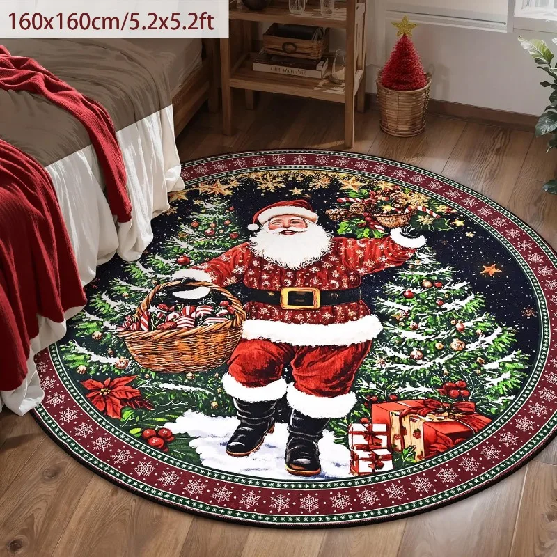Vintage Santa Claus Round Carpet for Living Room Holiday Decor Floor Mat with Snowflakes Christmas Tree Non-Slip Rug for Bedroom