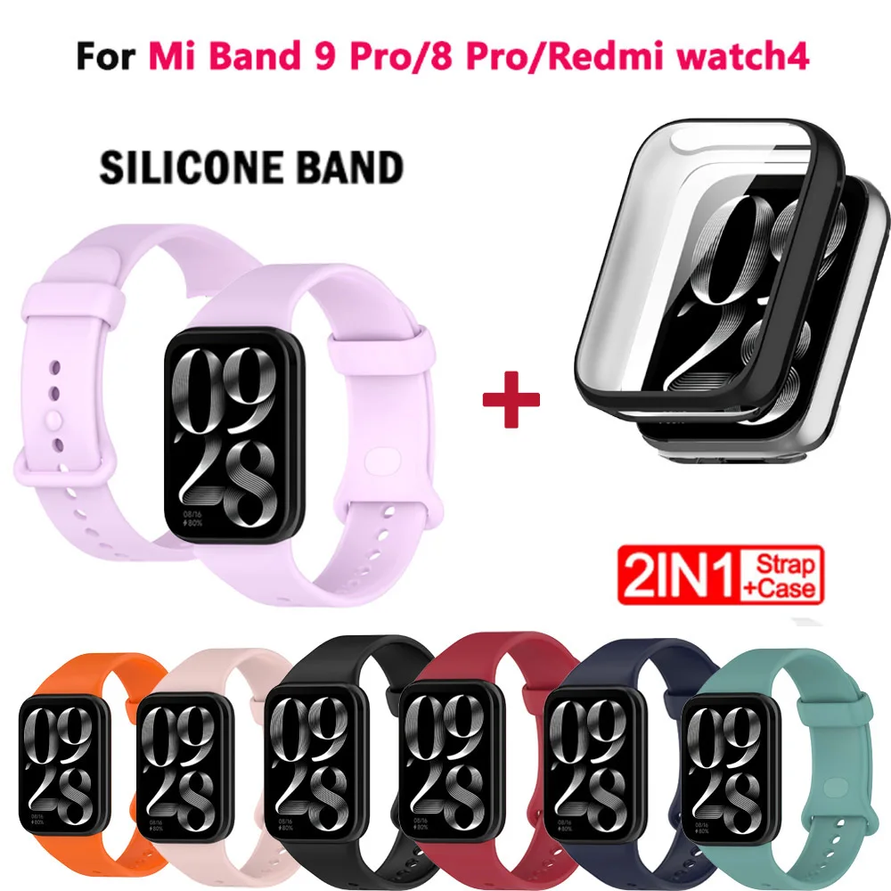 Silicone watch band wristband +Watch Case Suit For Mi Band 9 Pro/8 Pro Redmi watch4 Silica gel Smart watchStrap Accessories