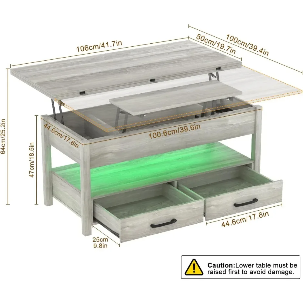 Elevated Coffee Table, 3-in-1 Multi-Function, LED with Drawers, Hidden Compartments,Converts To Dining Table,Coffee Center Table