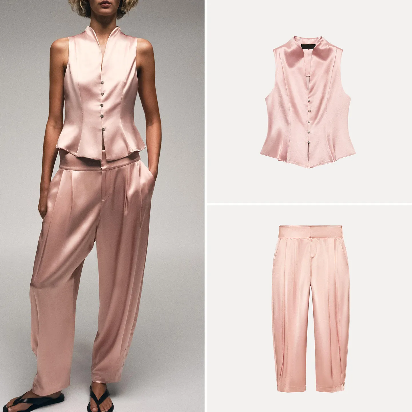 Women's Summer Fashion Set V-neck Sleeveless Button-up Shirt Pleated Casual Straight-leg Pants Two-piece Ensemble
