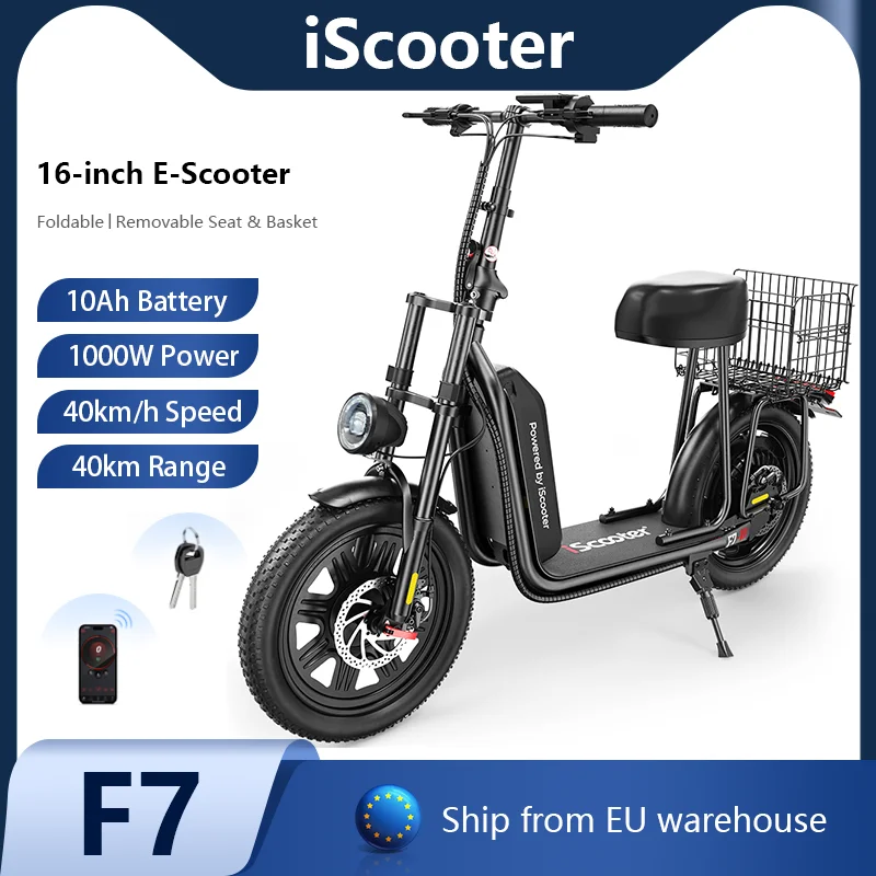 Scooter Eléctrico iScooter F7 1000W 45km/h, Bicicleta Eléctrica 48V10.4Ah con 72km de Autonomía, Control por Aplicación, Neumáticos Todoterreno de 16'', Plegable, con Cesta Trasera, Ideal para Compras