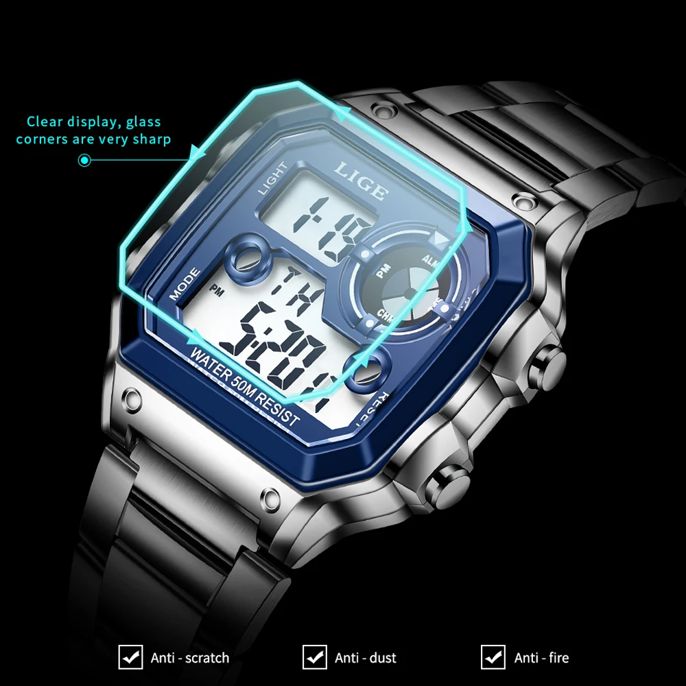 LIGE Square Fashion Luxury Orologio elettronico da uomo Orologio sportivo casual luminoso in acciaio inossidabile per uomo Sveglia settimanale impermeabile con data