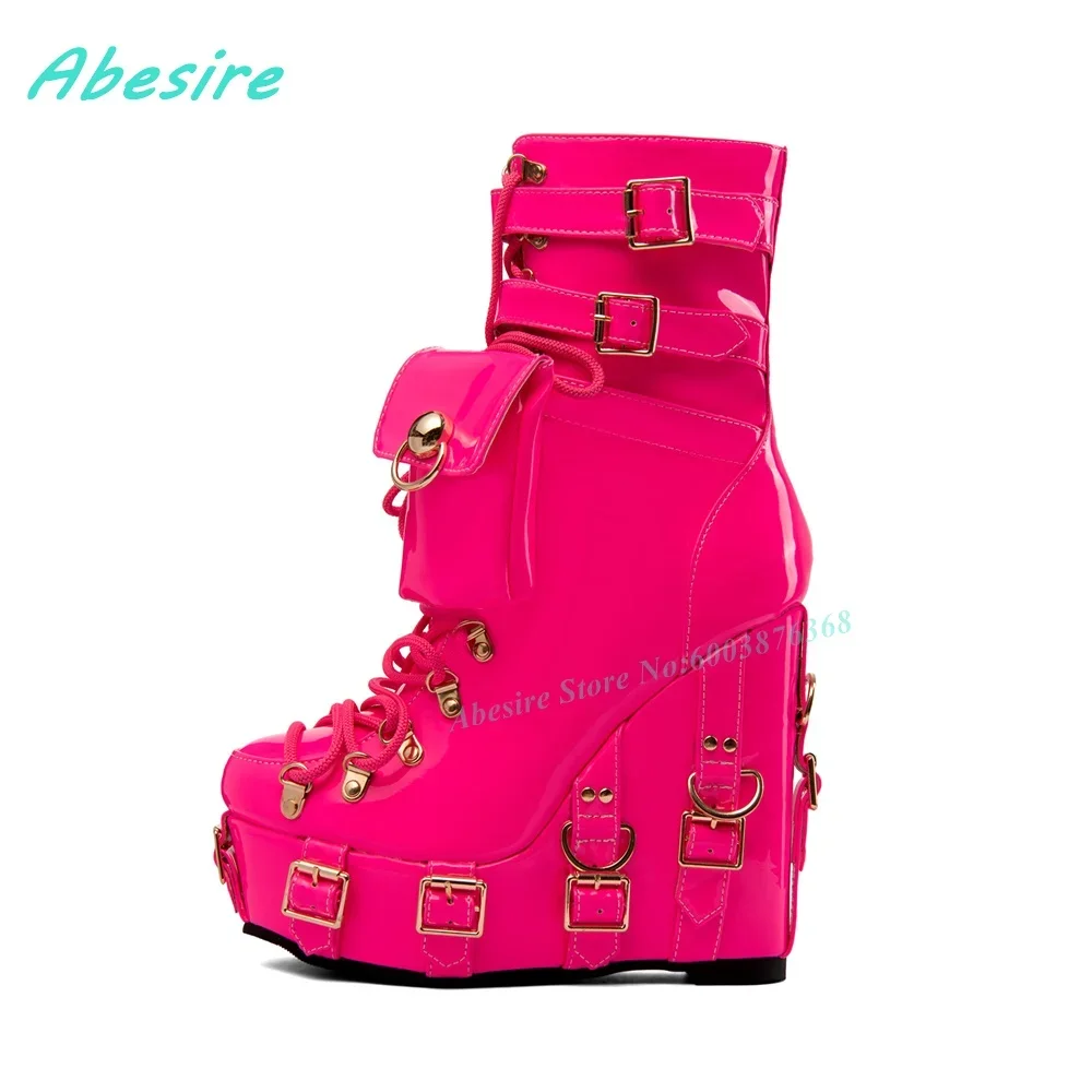 Botas de Plataforma con Cordones y Bolsillo para Mujer, Botines Negros de Charol con Múltiples Hebillas Doradas, Zapatos Estilo Gótico Punk Urbano