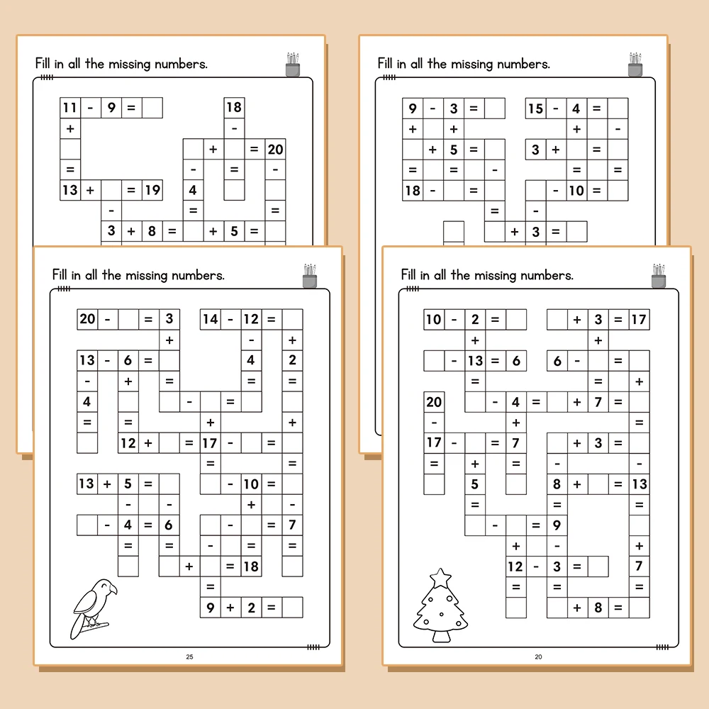 Immagine 6: 32 pagine/set di addizioni sottrazioni entro 20 quaderni di esercizi di matematica con risposte Libro di esercizi di puzzle di parole incrociate matematiche per bambini