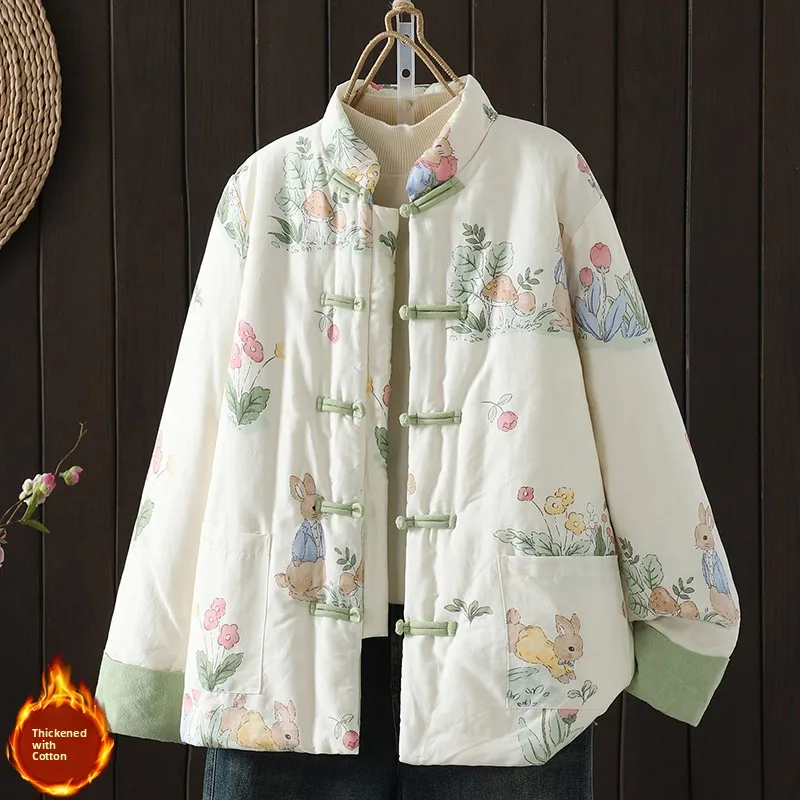 

Новая женская свободная куртка-пальто из хлопка с цветочным узором, воротником-стойкой и пуговицами, на осень-зиму, с эффектом омоложения, на хлопковой подкладке