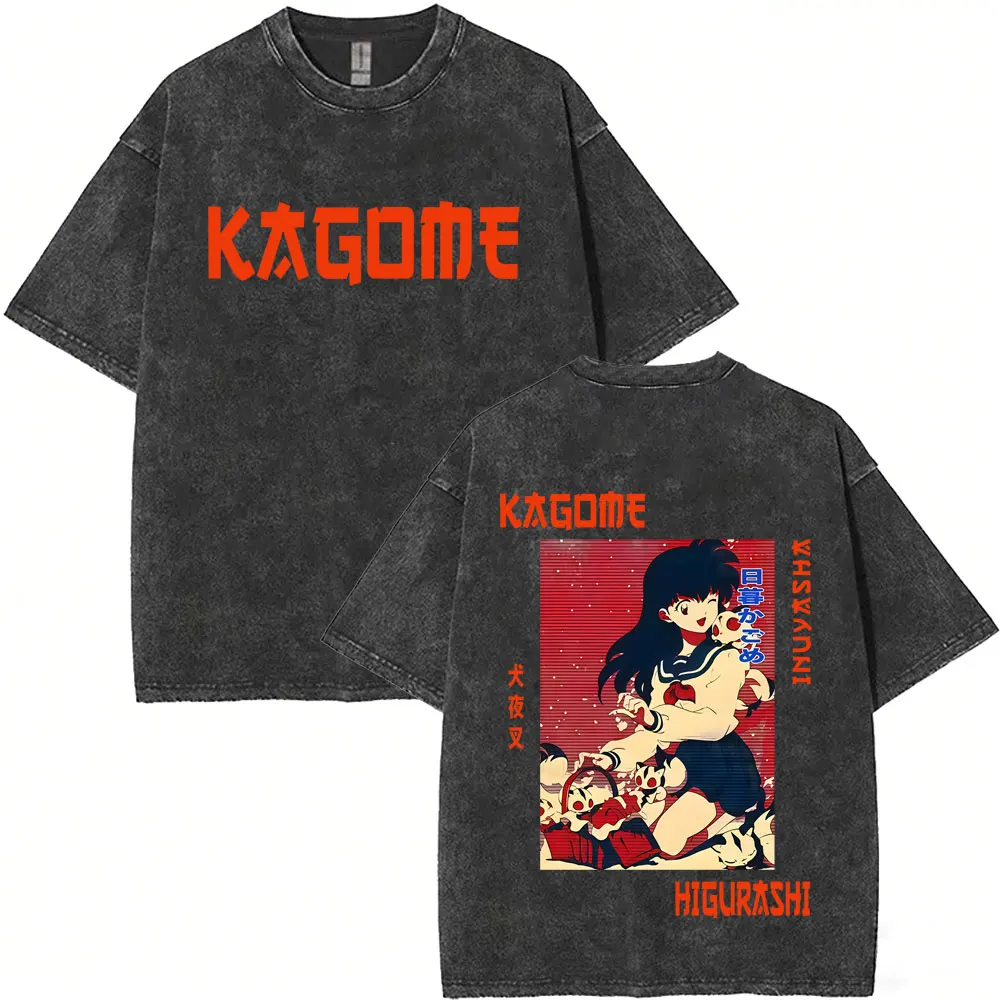 Gewaschenes Vintage Anime Inuyasha Kagome Miroku Sango Shippo Kirara Augen-Print T-Shirt für Männer und Frauen Cartoon Lässiges Oversize T-Shirt – Detail 6