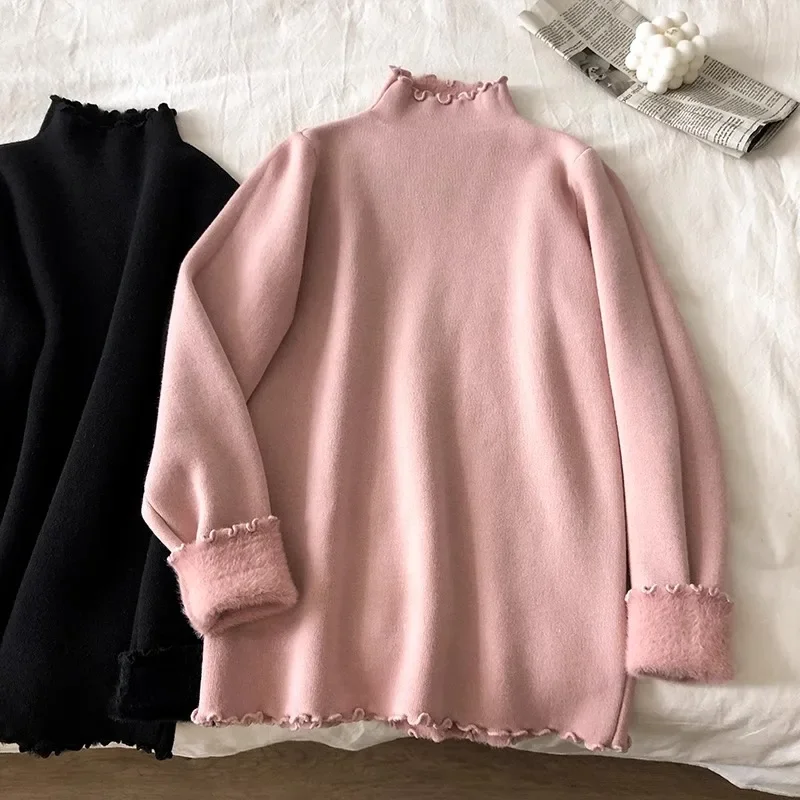 

Long Sleeve Knitted Tops Ladies Solid Color Pullovers 2025 Women's Winter New Korean Thicken Cashmere Sweater Tops Female
