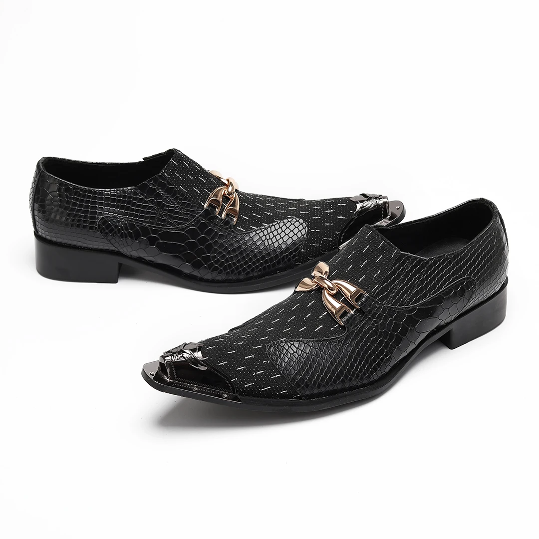 

Classic Black Cow Leather Men Dress Shoes Big Size Male Wedding Party Footwear Metal Pointed Toe Business Office Formal Shoes