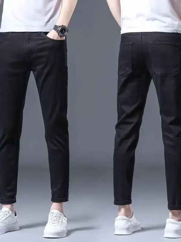 

High-End Summer Thin Black Nine-Piece Men's Jeans Elastic Slim Fit Casual Pants Korean Style Versatile Mid-Waist Harlan Style