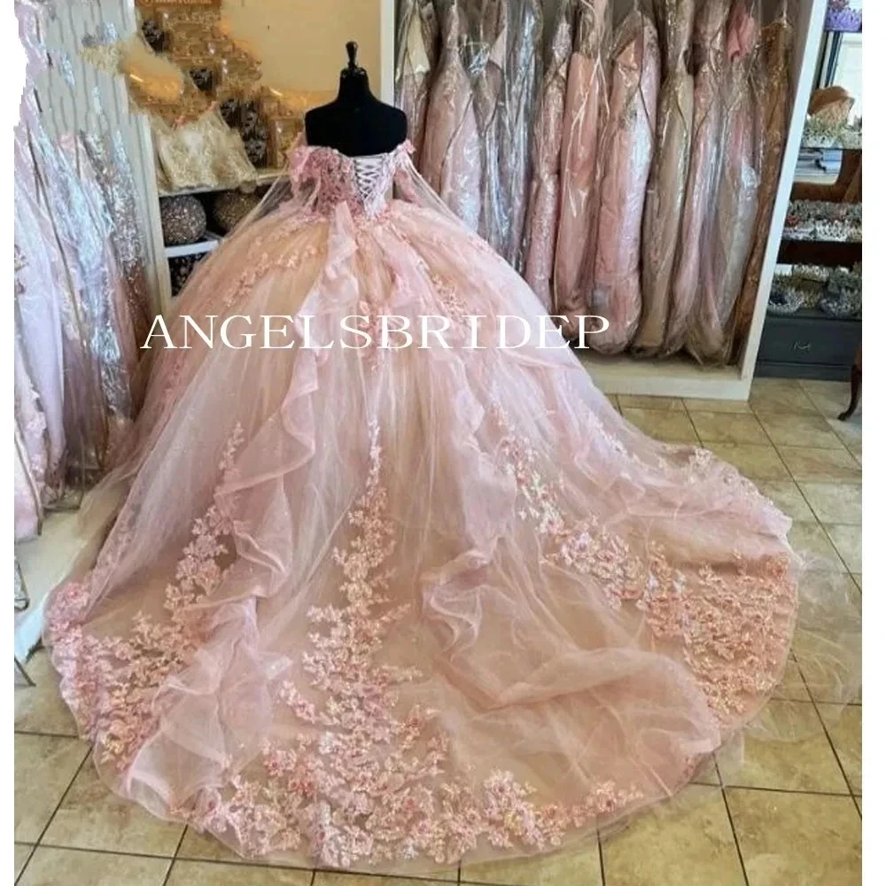 ANGELSBRIDEP Glittering Pink Quinceanera Dresses 3D Flowers Lace Appliques Vestidos De 15 Anos Birthday Party Prom Ball Gown